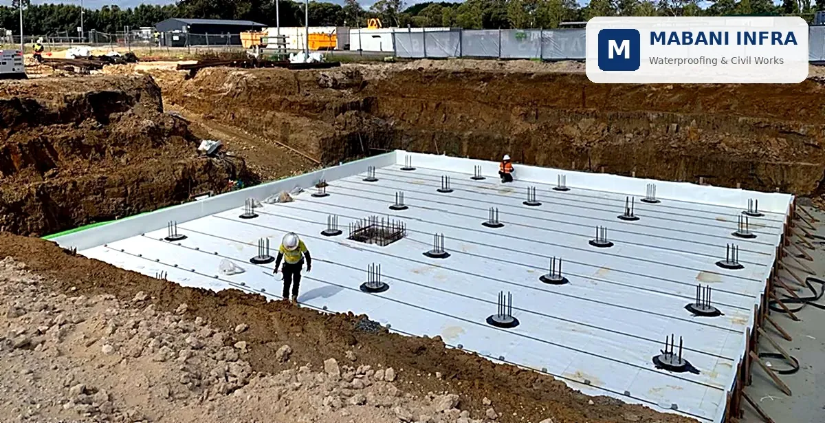 HDPE membrane laid over a raft foundation, with starter bars through the membrane