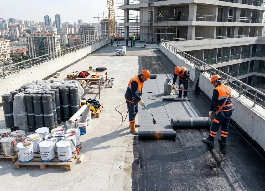 SBS membrane being torch-applied on a podium slab